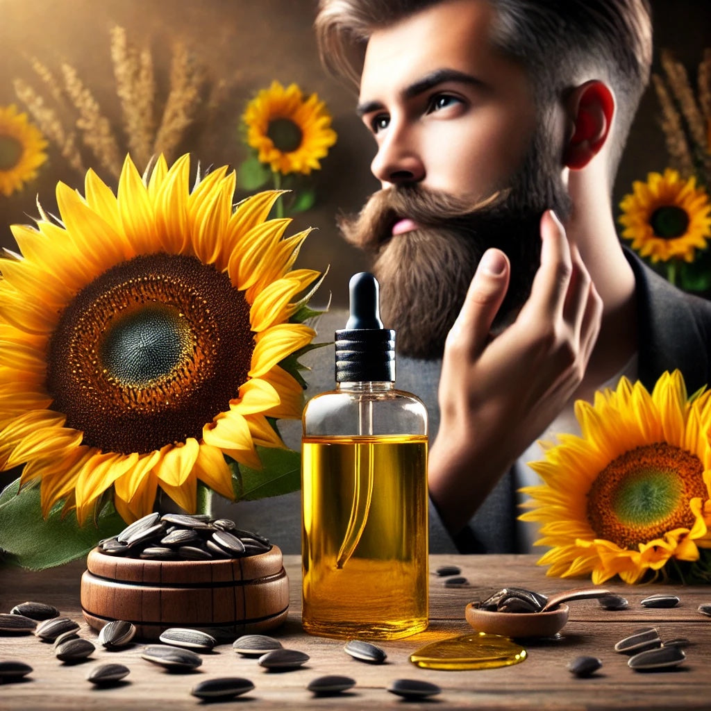 a bearded man with sunflowers around him applying beard oil