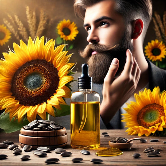 a bearded man with sunflowers around him applying beard oil