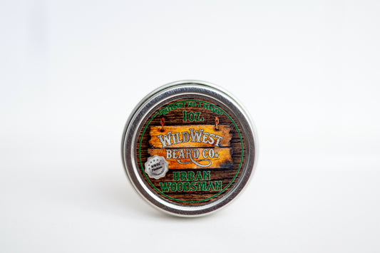 A clean shot of the Urban Woodsman Platinum all natural beard balm tin