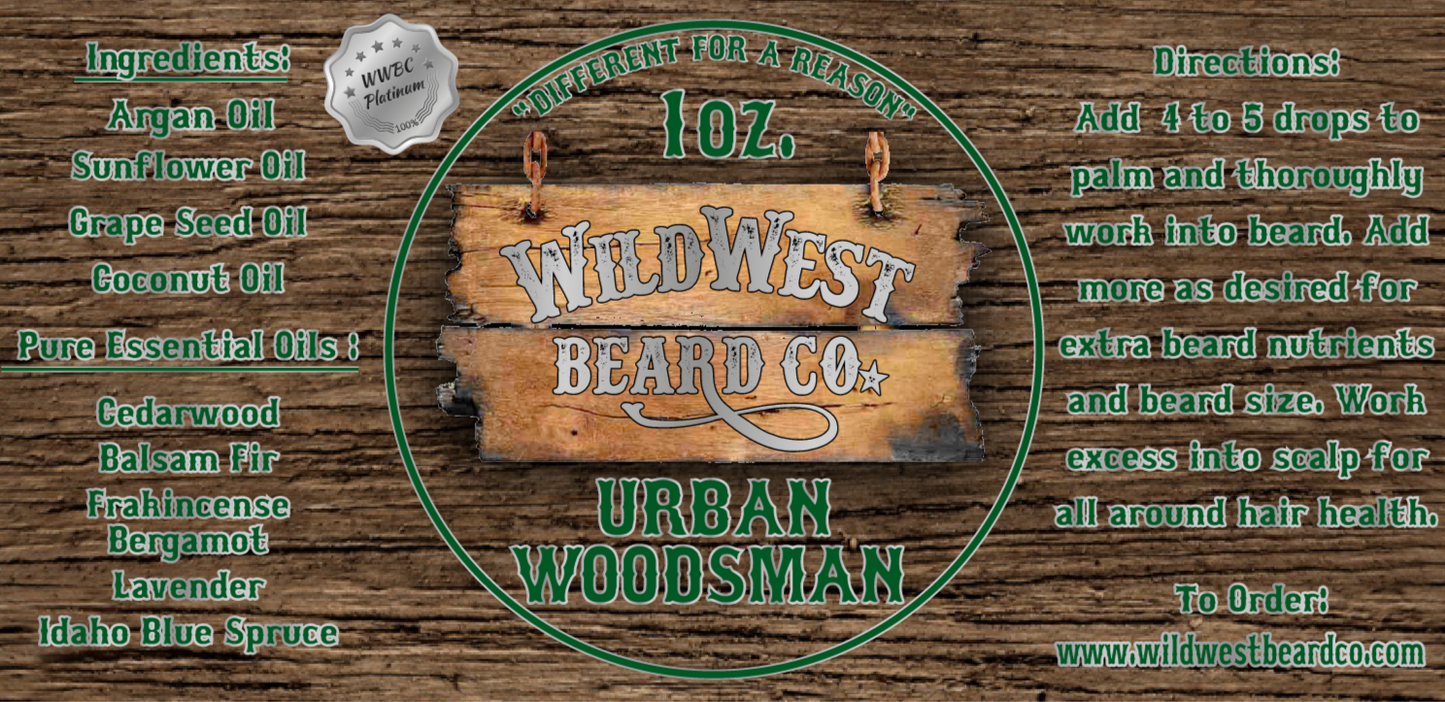 A picture of the Urban Woodsman Platinum beard oil label with ingredients