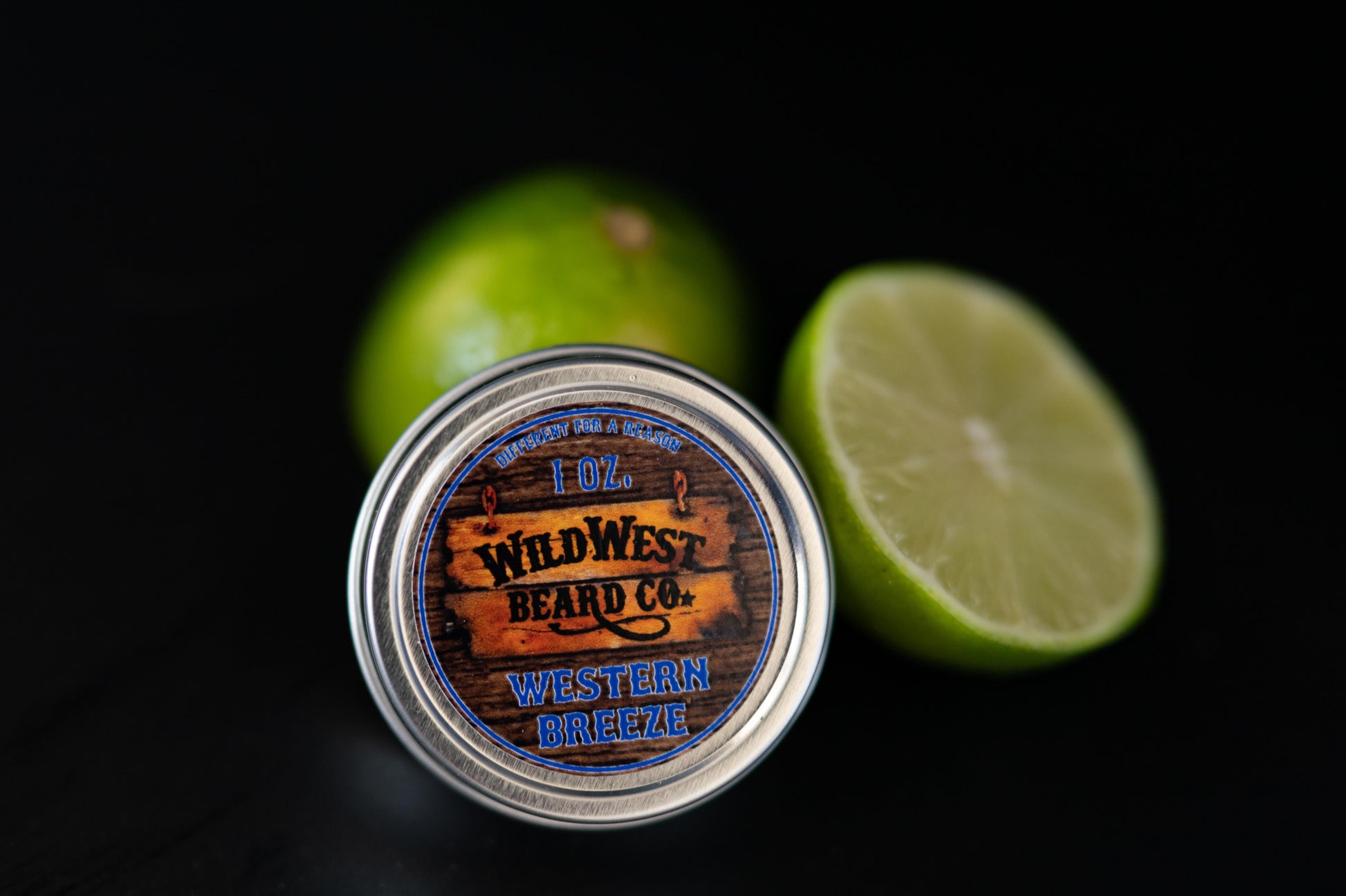 A picture of Western Breeze Natural Beard Balm with a lime in the background